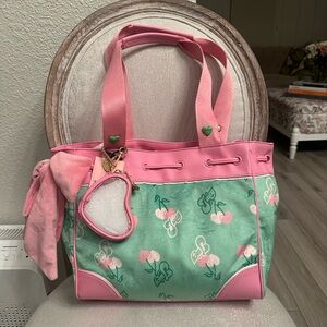 Juicy Couture Pink and Mint Cherry Print Tote